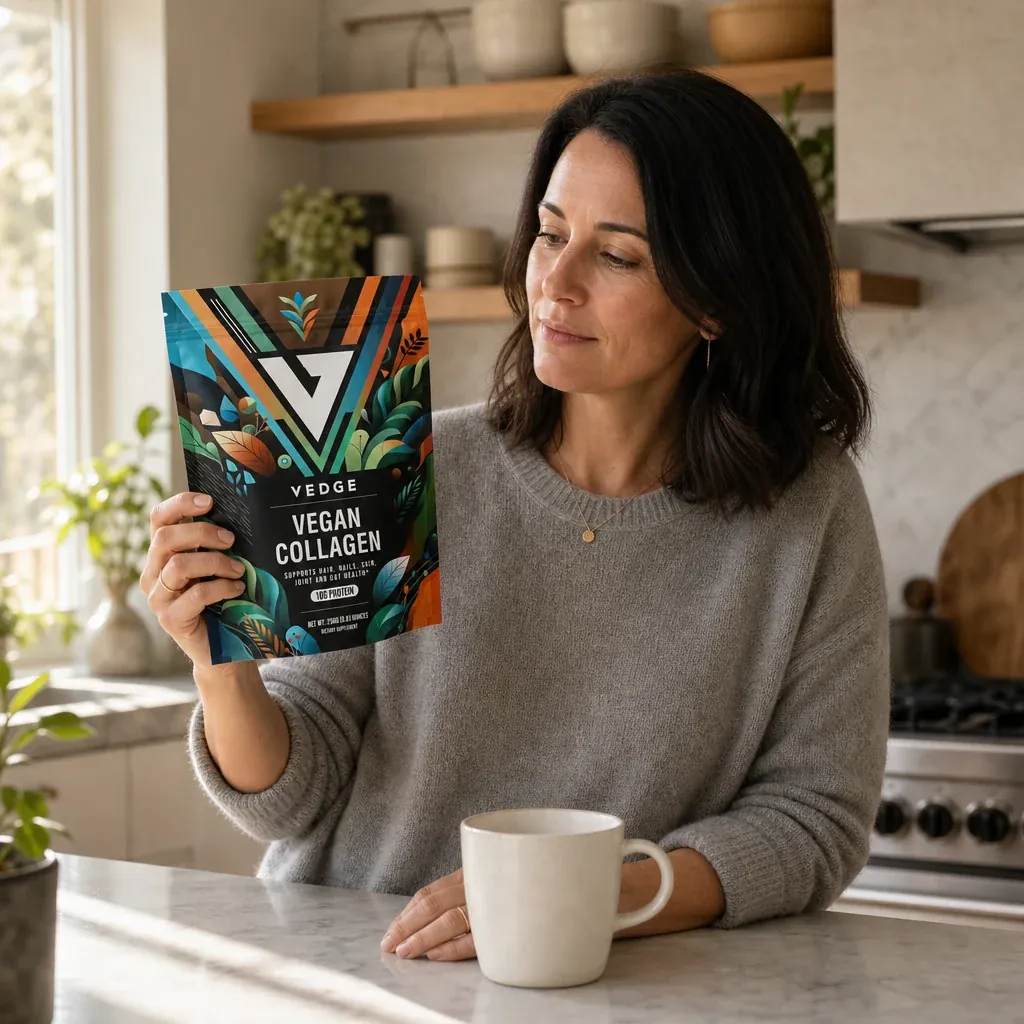 Woman in her forties holding a pouch of Vedge Vegan Collagen in her kitchen