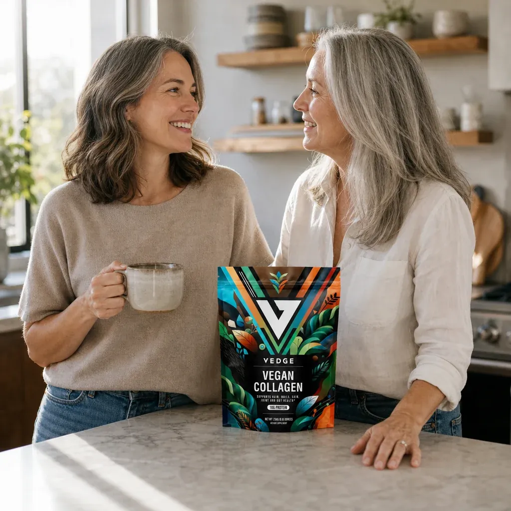Two women in their forties and fifties with Vedge Vegan Collagen at a sunlit counter