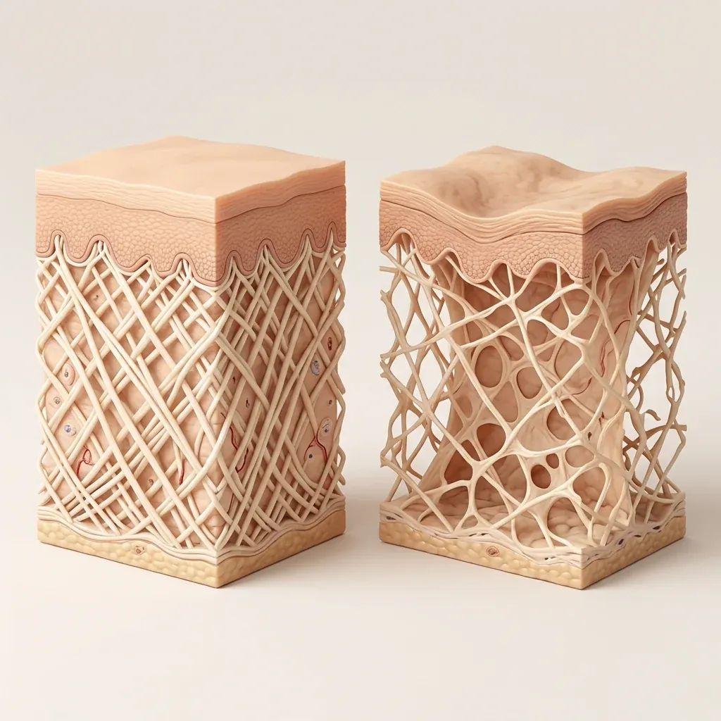 Illustration comparing dense young collagen fibers with sparse mature ones