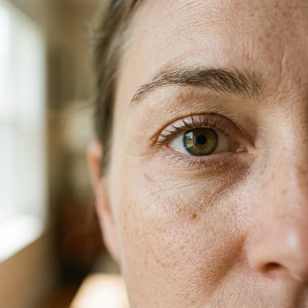 Close crop of a woman's eye area in natural light showing real skin texture