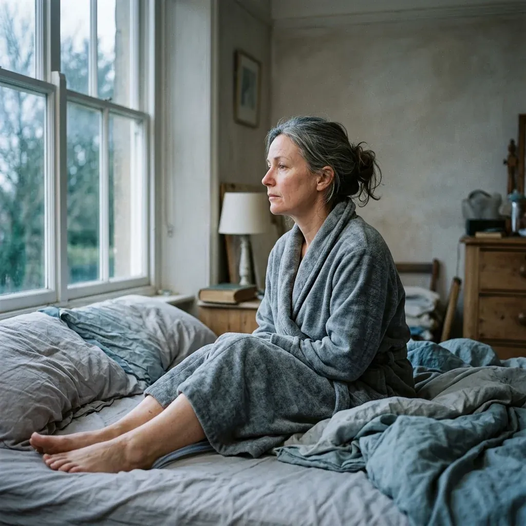 Woman in her late forties by a bright window in a quiet morning moment