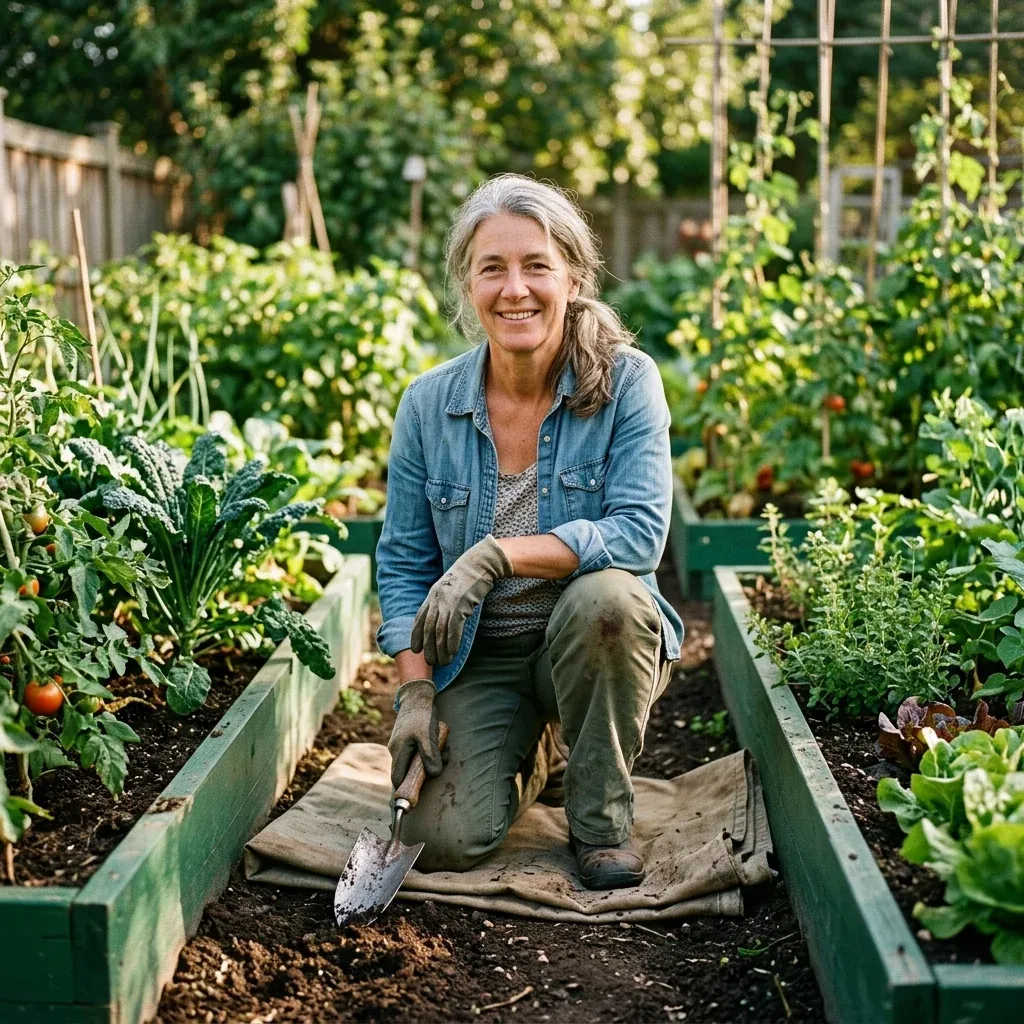 Woman in her fifties kneeling comfortably in a garden, hand resting on her knee
