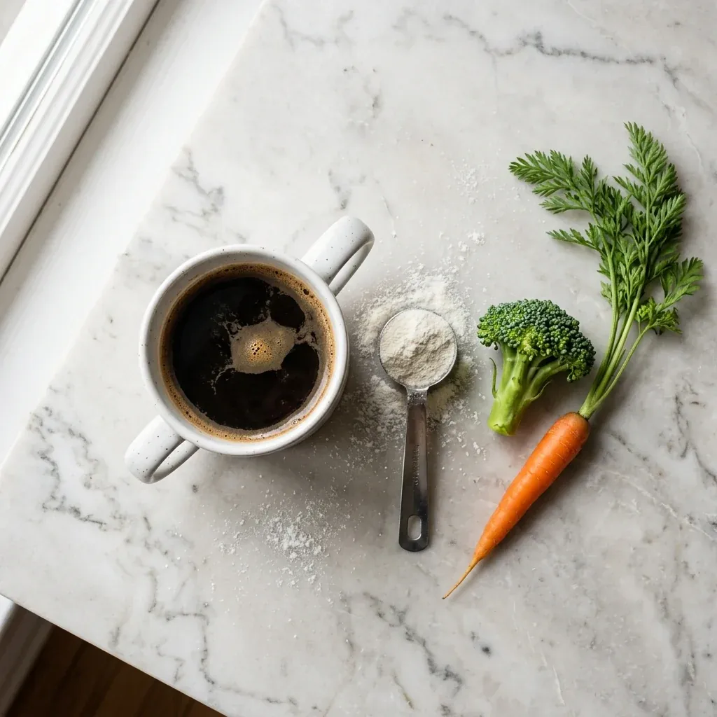 Morning counter scene with coffee, a scoop of collagen powder, broccoli and carrots
