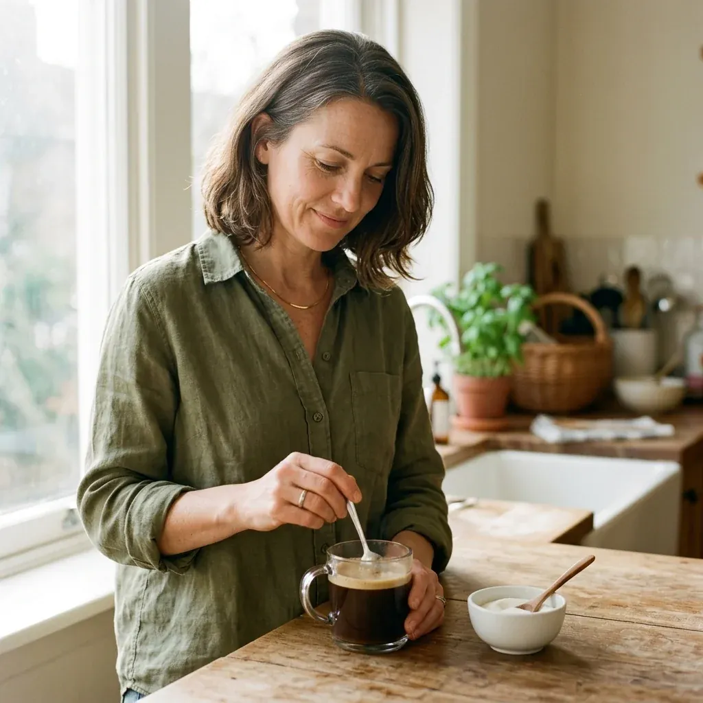 Woman stirring Vedge Vegan Collagen into her morning coffee at a sunlit counter